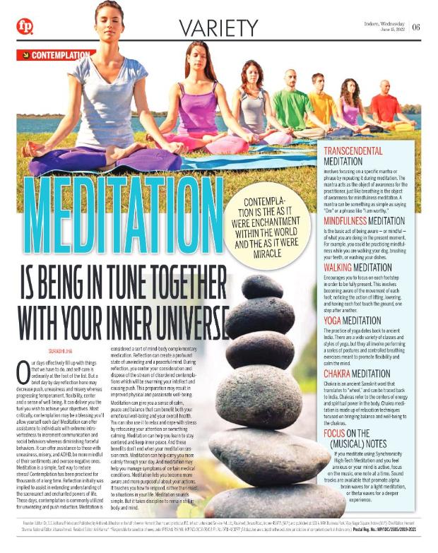 Newspaper page: Meditation is being in tune together with your inner universe