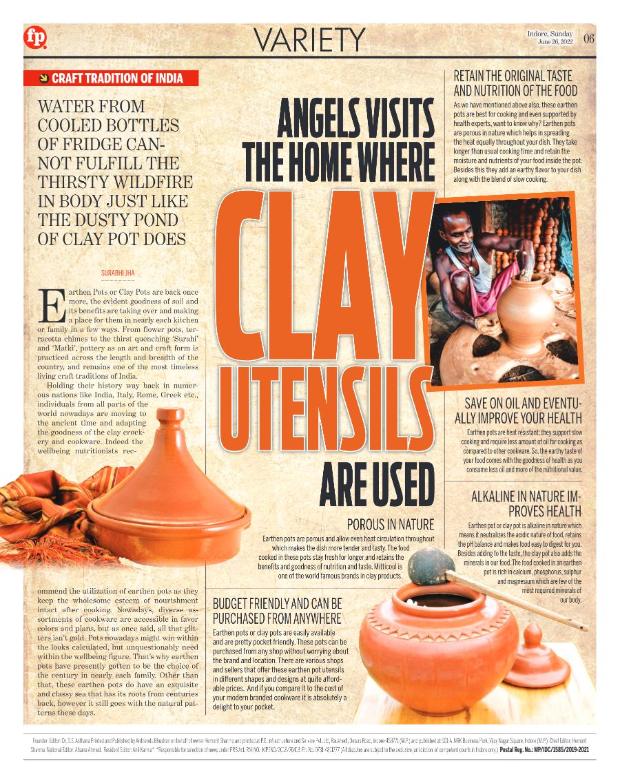 Newspaper page: Angels visit the home where clay utensils are used